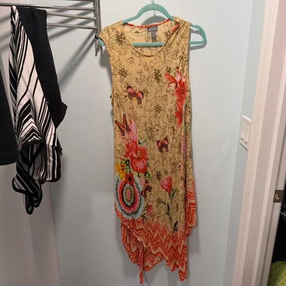 Boho Butterfly Floral Tunic Dress OSFM Handkerchief Hem Festival Cottagecore - Picture 2 of 5